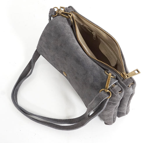 Bolsa a tiracolo de pele de camurça com aba Cinzento Cinti