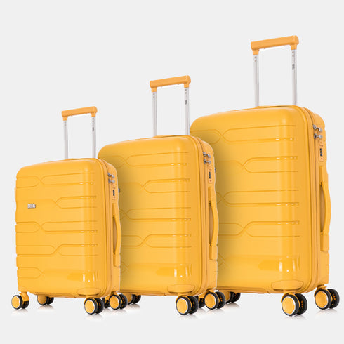 Juego de maletas PP Rígida 3 piezas|Maleta Cabina 55cm|Maleta Mediana 65cm Expandible |Maleta Grande 75cm Expandible |Bass Amarillo