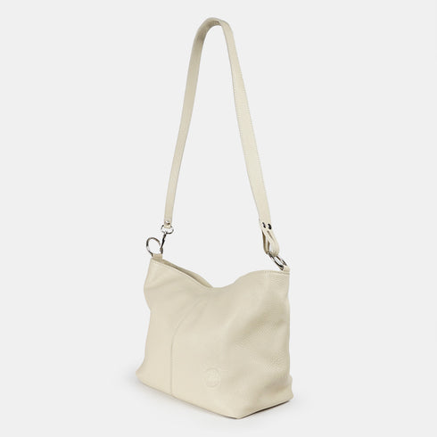 Bolso de hombro para mujer de piel con bandolera extensible beige Mara