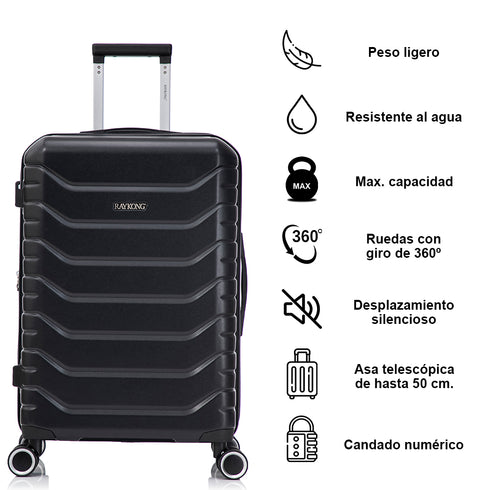 RAYKONG Mala Média Expansível ABS+Policarbonato 66x45x27.50cm - 30cm Expandida | 82L - 90L | 24 Polegadas | 23kg semirrígida cadeado de combinação - Preto