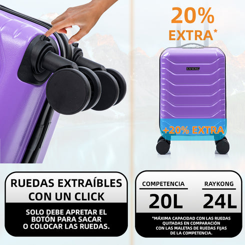 Maleta de Cabina ABS 40x30x20(24L)| Capacidad Máxima| Equipaje de Mano con Ruedas Desmontables para Ryanair | Vueling | EasyJet - Morado