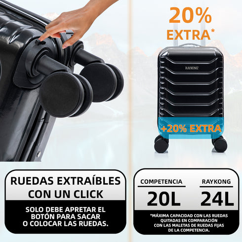 Maleta de Cabina ABS 40x30x20(24L)| Capacidad Máxima| Equipaje de Mano con Ruedas Desmontables para Ryanair | Vueling | EasyJet - Negro