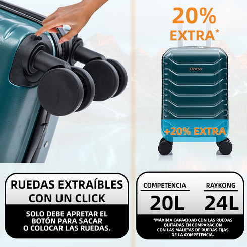 Maleta de Cabina ABS 40x30x20(24L)| Capacidad Máxima| Equipaje de Mano con Ruedas Desmontables para Ryanair | Vueling | EasyJet - Verde