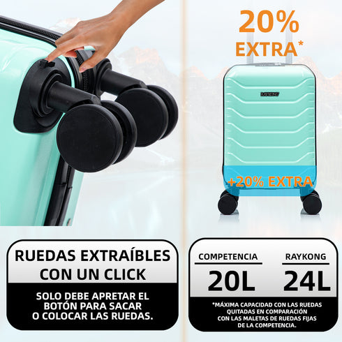 Maleta de Cabina ABS 40x30x20(24L)| Capacidad Máxima| Equipaje de Mano con Ruedas Desmontables para Ryanair | Vueling | EasyJet - Menta