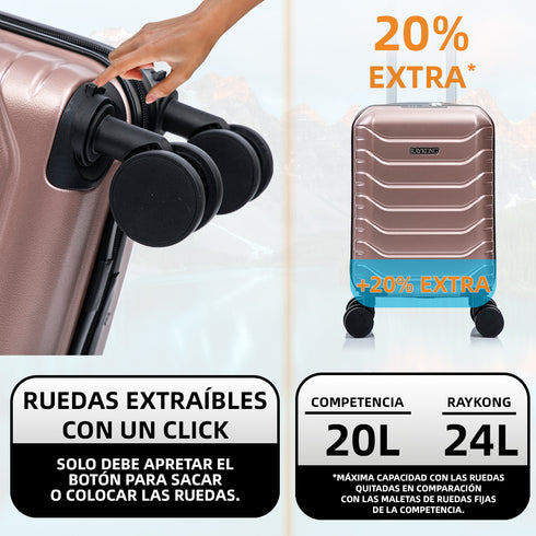 Maleta de Cabina ABS 40x30x20(24L)| Capacidad Máxima| Equipaje de Mano con Ruedas Desmontables para Ryanair | Vueling | EasyJet - Rosa Dorado