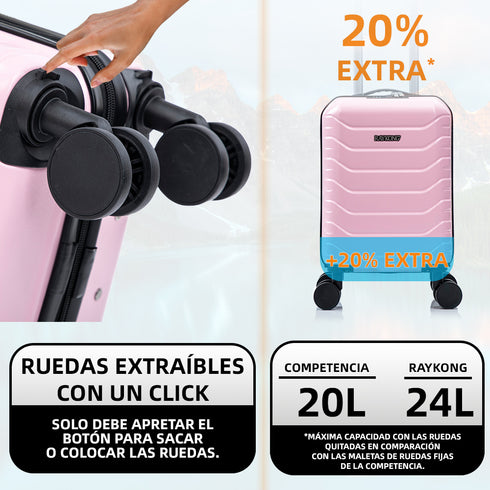 Maleta de Cabina ABS 40x30x20(24L)| Capacidad Máxima| Equipaje de Mano con Ruedas Desmontables para Ryanair | Vueling | EasyJet - Rosa Claro