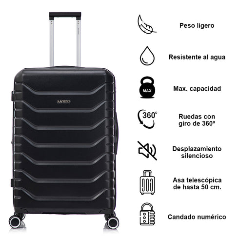 RAYKONG Maleta Grande Expandible ABS+Policarbonato 75x49x31cm - 33.50cm Extendido | 114L - 123L | 28 Pulgadas | 25kg semirígidas candado combinación - Negro