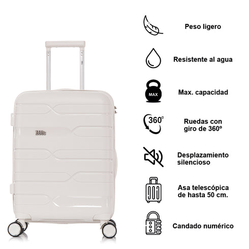 Maleta de cabina 55x38x22 cm (44L) Polipropileno - Candado Incrustado - 20 Pulgadas - Blanco - Bass