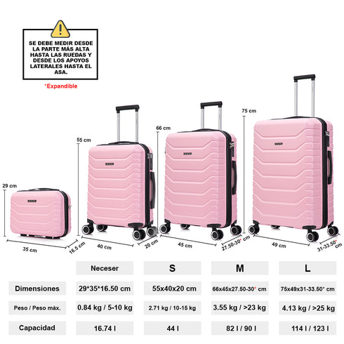 Conjunto de 4 Maletas ABS+PC|Neceser 29cm|Cabina 55x40x20cm|Mediana Expandible 20kg-23kg - 66x45x27.50-30cm|Grande Expandible 23kg-25kg - 75x49x31-33.50cm | RosaClaro