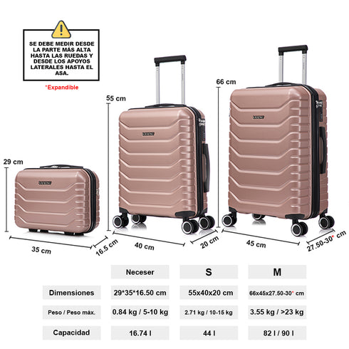 Conjunto de 3 Maletas|Neceser 29x35x16.50cm|Maleta Cabina ABS+PC 55x40x20cm|Mediana Expandible 20kg-23kg - 66x45x27.50-30cm | RosaDorada