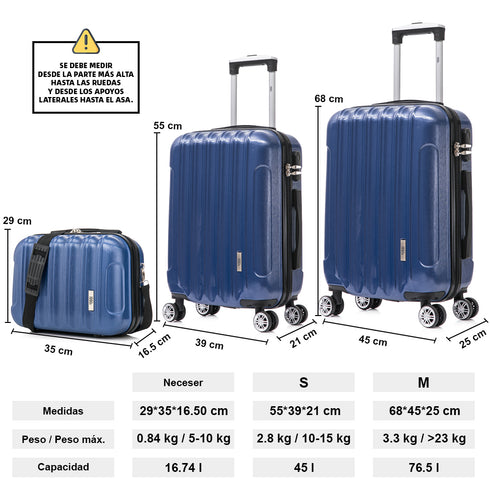 1990s Conjunto de Malas de Policarbonato Rígido 3 Peças|Mala de Cabine 55cm|Mala Média 68cm|Necessaire 29cm|Azul Marinho