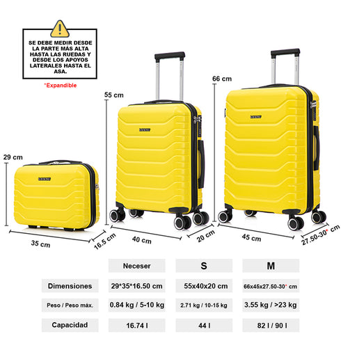 Conjunto de 3 Maletas|Neceser 29x35x16.50cm|Maleta Cabina ABS+PC 55x40x20cm|Mediana Expandible 20kg-23kg - 66x45x27.50-30cm | Amarillo