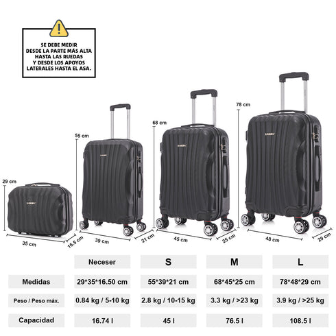 Raykong Conjunto de maletas de viaje de 4 piezas Neceser(29cm)/55cm/68cm/78cm ABS Waves - Negro