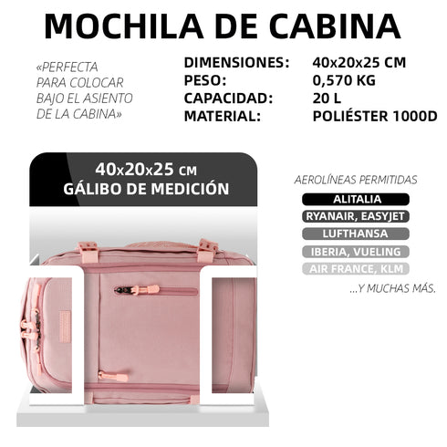 Raykong Mochila de Cabina Ryanair 40x20x25cm (20L) | Mochila de Viagem Impermeável para Avião | Bagagem de Mão Resistente | Mochila para Caminhadas | Escola | Trabalho - Rosa