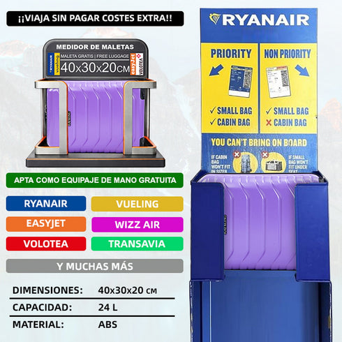Maleta de Cabina ABS 40x30x20(24L)| Capacidad Máxima| Equipaje de Mano con Ruedas Desmontables para Ryanair | Vueling | EasyJet - Morado