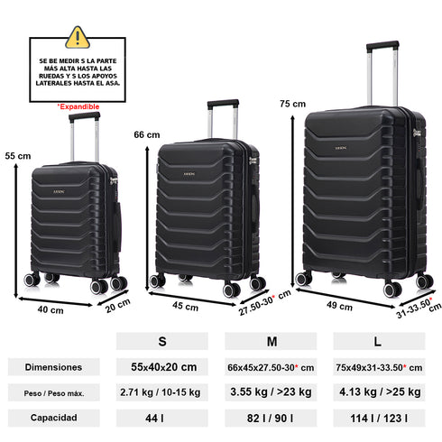 Raykong Conjunto de Malas de Viagem 3 peças | Mala de Cabine 55cm | Média Expansível 65cm | Grande Expansível 75cm - Watt (Preto)