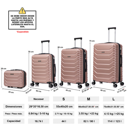 Conjunto de 4 Maletas ABS+PC|Neceser 29cm|Cabina 55x40x20cm|Mediana Expandible 20kg-23kg - 66x45x27.50-30cm|Grande Expandible 23kg-25kg - 75x49x31-33.50cm | RosaDorada