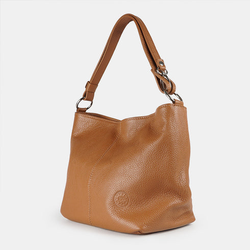 Bolso de hombro para mujer de piel con bandolera extensible marrón Mara