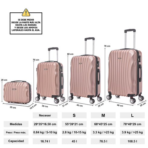 Raykong Conjunto de maletas de viaje de 4 piezas Neceser(29cm)/55cm/68cm/78cm ABS Waves - RosaDorada