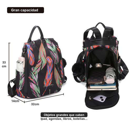 Mochila antirrobo Impermeable para mujer (14.80L) | Mochila Convertible en bolso con pompón y asa desmontable de adorno Plumas