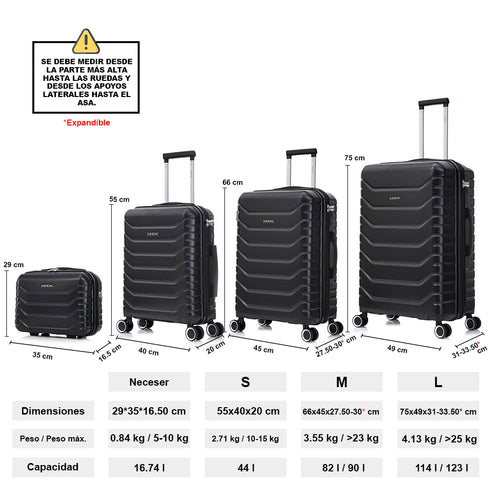 Conjunto de 4 Maletas ABS+PC|Neceser 29cm|Cabina 55x40x20cm|Mediana Expandible 20kg-23kg - 66x45x27.50-30cm|Grande Expandible 23kg-25kg - 75x49x31-33.50cm | Negro