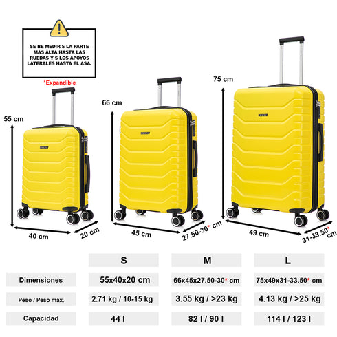 Raykong Juego de maletas 3 piezas | Maleta Cabina 55cm | Mediana Expansible 65cm | Grande Expansible 75cm - Watt (Amarillo)