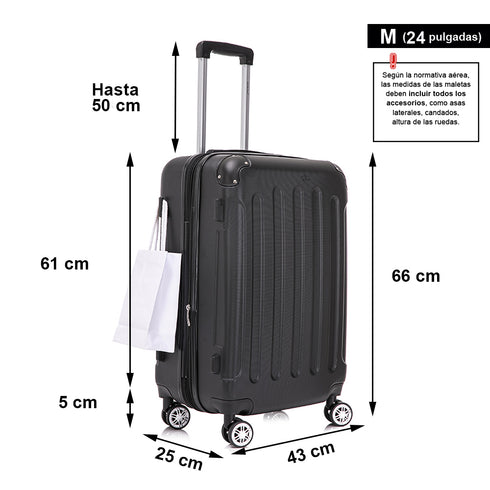 RAYKONG Mala de Viagem Média ABS 66x43x25cm | 71L | 24 Polegadas | até 23kg semirrígida - Preto