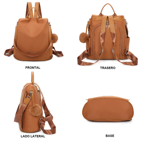 Mochila antirrobo Impermeable para mujer (14.80L) | Mochila Convertible en bolso con pompón y asa desmontable de adorno Marrón
