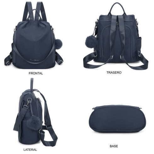 Mochila antirrobo Impermeable para mujer (14.80L) | Mochila Convertible en bolso con pompón y asa desmontable de adorno Azul Marino