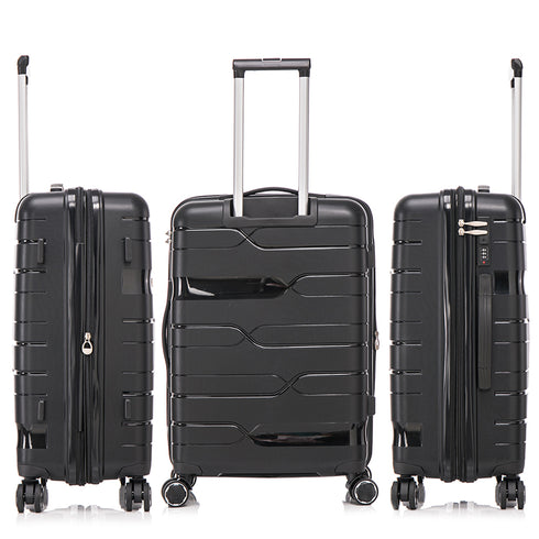 Juego de maletas PP Rígida 3 piezas|Maleta Cabina 55cm|Maleta Mediana 65cm Expandible |Maleta Grande 75cm Expandible |Bass Negro