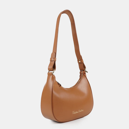 Bolso de hombro para mujer de piel saffiano con bandolera larga marrón Maribel