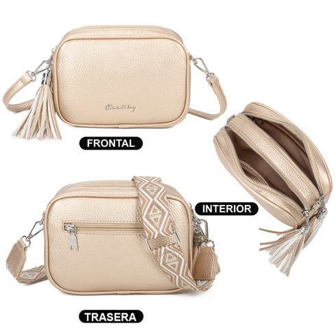Mala a tiracolo pequena de couro PU para mulher, dois compartimentos e duas alças, mala de ombro em pele sintética, presente original para mulher - Dourado