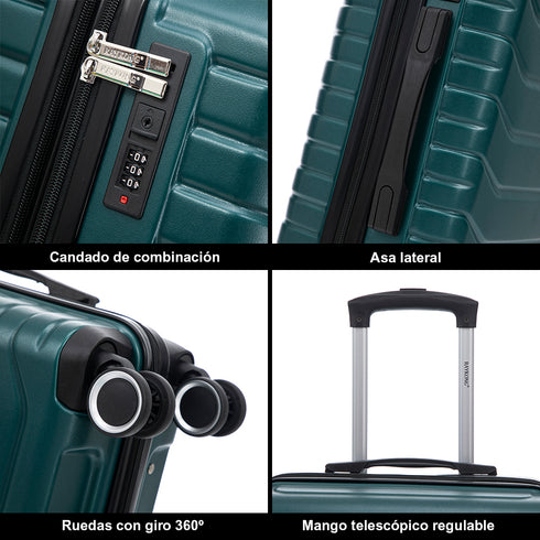 Conjunto de 3 Maletas|Neceser 29x35x16.50cm|Maleta Cabina ABS+PC 55x40x20cm|Mediana Expandible 20kg-23kg - 66x45x27.50-30cm | Verde