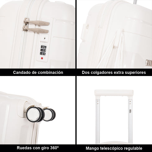 Maleta de cabina 55x38x22 cm (44L) Polipropileno - Candado Incrustado - 20 Pulgadas - Blanco - Bass
