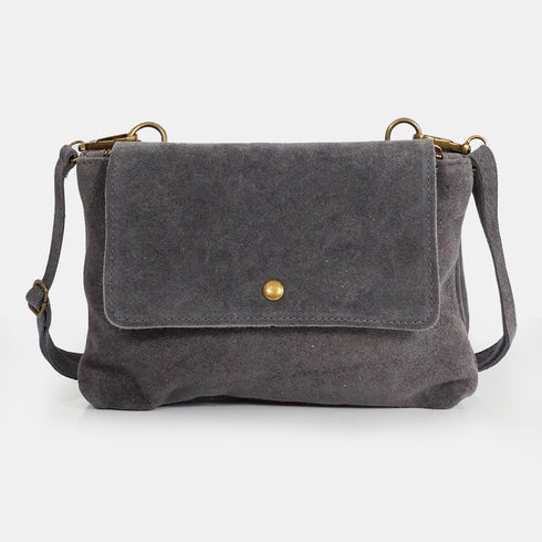 Bolsa a tiracolo de pele de camurça com aba Cinzento Cinti