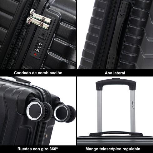 Conjunto de 3 Maletas|Neceser 29x35x16.50cm|Maleta Cabina ABS+PC 55x40x20cm|Mediana Expandible 20kg-23kg - 66x45x27.50-30cm | Negro