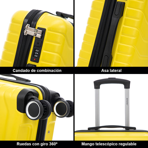 RAYKONG Mala de Cabine 55x40x20cm Policarbonato (40L) semirrígida Trolley pequeno Bagagem de Mão 4 Rodas giratórias a 360º Fecho numérico - Amarelo