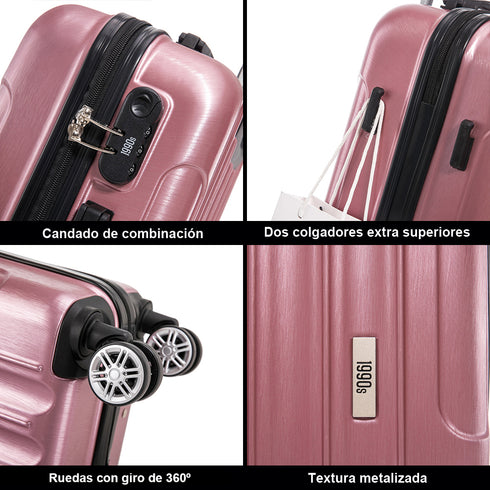 1990s Juego de Maletas Policarbonato Rígida 3 Piezas|Maleta Cabina 55cm|Maleta Mediana 68cm|Neceser 29cm|RosaDorado