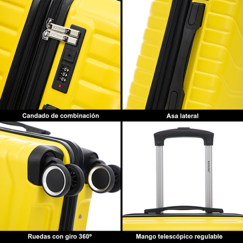 Conjunto de 3 Maletas|Neceser 29x35x16.50cm|Maleta Cabina ABS+PC 55x40x20cm|Mediana Expandible 20kg-23kg - 66x45x27.50-30cm | Amarillo