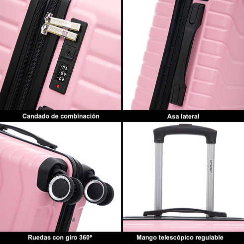Conjunto de 3 Maletas|Neceser 29x35x16.50cm|Maleta Cabina ABS+PC 55x40x20cm|Mediana Expandible 20kg-23kg - 66x45x27.50-30cm | Rosa Claro