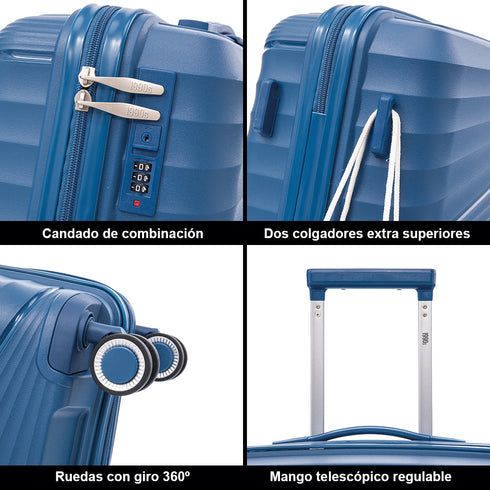 Maleta de cabina 55x39x21.5 cm (46L) Polipropileno - Candado Incrustado - 20 Pulgadas - Azul marino - Chocolate