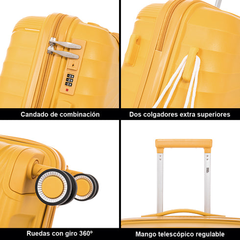 Maleta de cabina 55x39x21.5 cm (46L) Polipropileno - Candado Incrustado - 20 Pulgadas - Amarillo - Chocolate