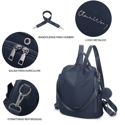 Mochila antirrobo Impermeable para mujer (14.80L) | Mochila Convertible en bolso con pompón y asa desmontable de adorno Azul Marino