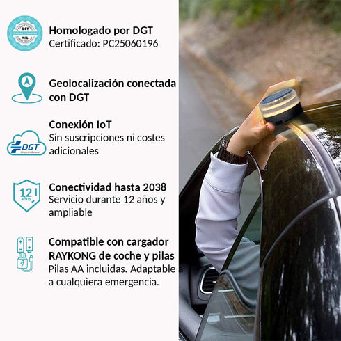 RAYKONG Baliza V16 Geolocalización DGT 3.0 pack con accesorios | 2ª Generacion con indicadores LED | Luz Emergencia Coche - Moto Homologado por DGT | SIM y Datos Pagados hasta 2038 - Full Pack