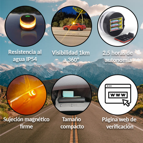RAYKONG Baliza V16 Geolocalización DGT 3.0 pack con accesorios | 2ª Generacion con indicadores LED | Luz Emergencia Coche - Moto Homologado por DGT | SIM y Datos Pagados hasta 2038 - Full Pack