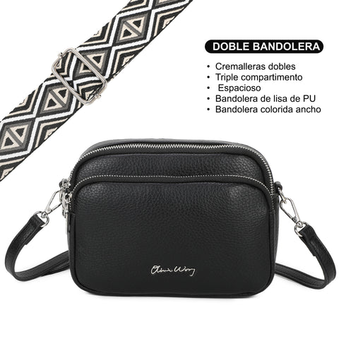Bolso bandolera mujer pequeño de cuero PU tres compartimentos y dos bandoleras, bolso mensajero para cruzar polipiel regalo original para mujer - Negro