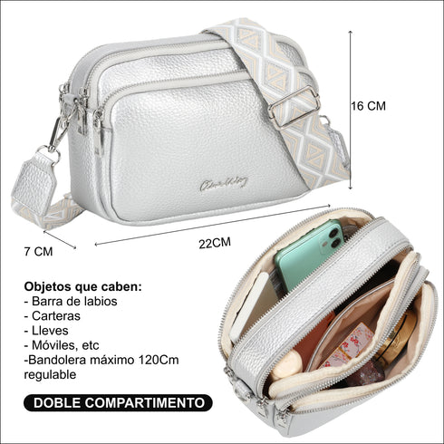 Mala de tiracolo pequena de senhora em pele PU, três compartimentos e duas alças, mala a tiracolo em pele sintética, presente original para mulher - Prateado