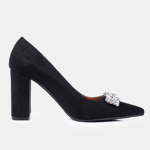 Zapatos con tacón de ante con piedras glamourosas negro Brigitte