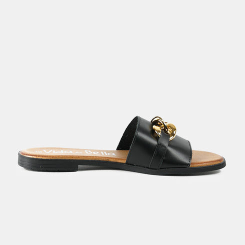 Sandalias de mujer de piel con adorno negro Charo