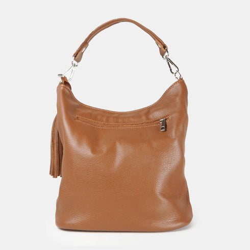 Bolso hobo de piel con pompón marrón Rebeca